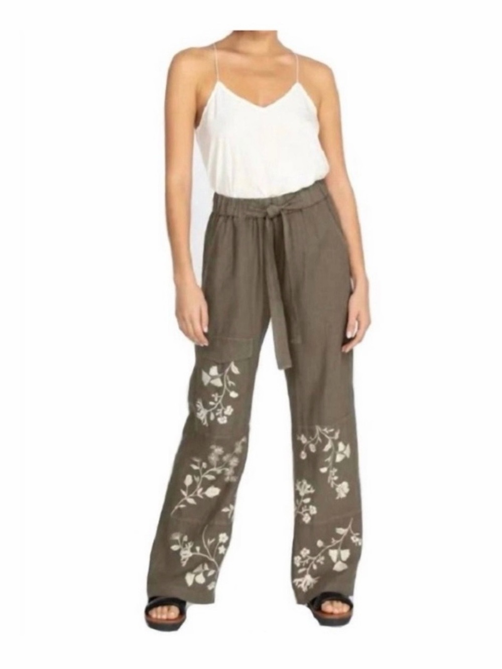 NEW Johnny Was Lael Linen Embroidered Wide-Leg Pant, Tan, Women’s Small